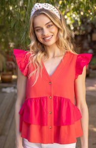 Color Block Ruffle French Terry Top-Red