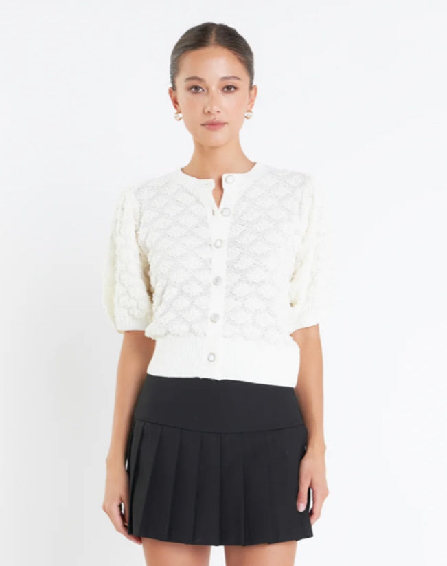 TEXTURED PUFF SHORT SLEEVE CARDIGAN