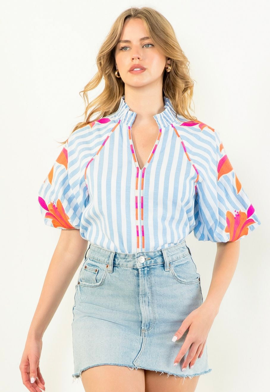 Embroidered Puff Sleeve Striped Top