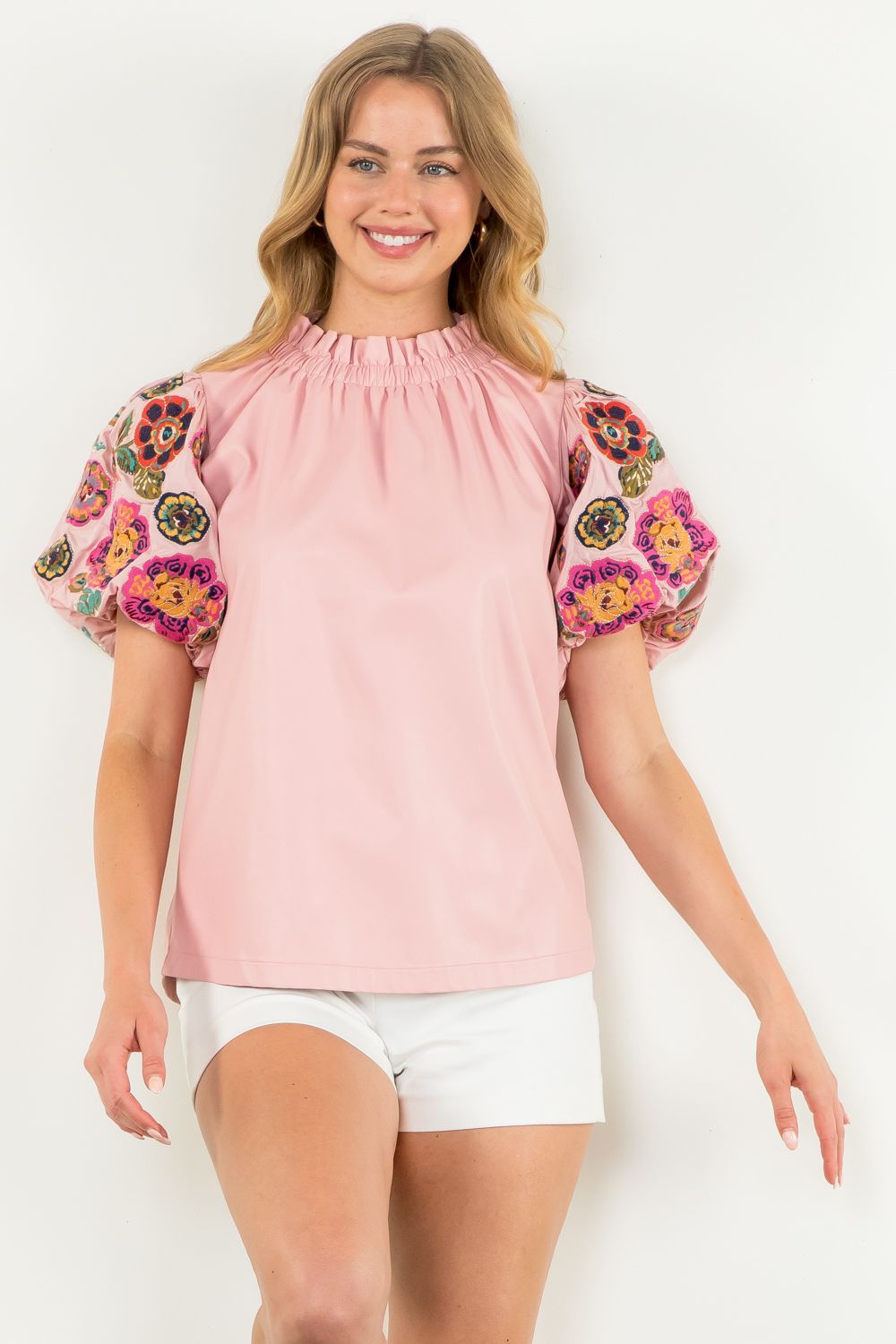 Embroidered Puff Sleeve Leather Top