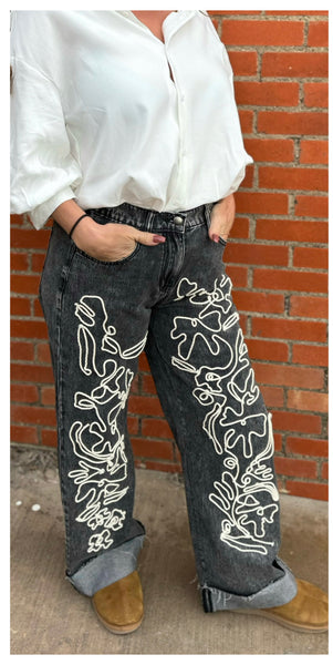 Contrast Embroidered Denim Jeans